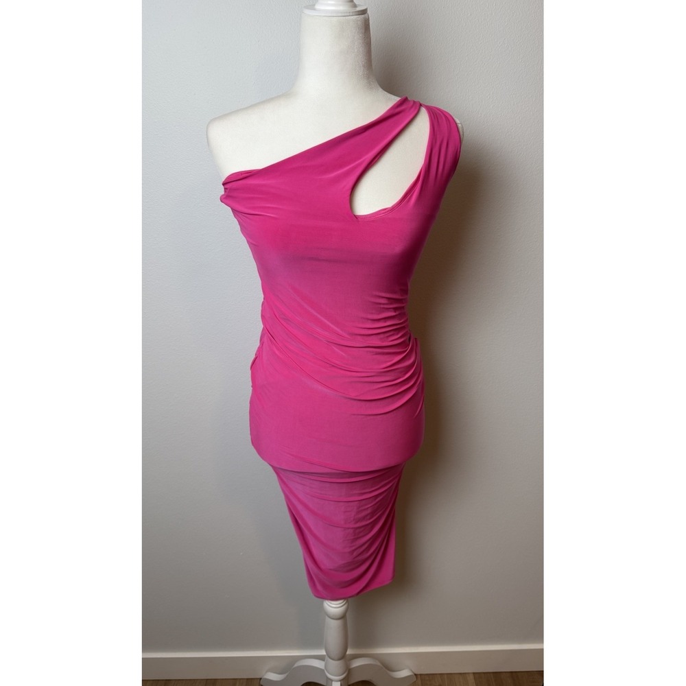 NWT Fashion Nova Body Con First and Last Midi Dress Ruched One Shoulder Pink L